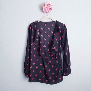 Ann Taylor Black Floral Ruffle Wrap Top